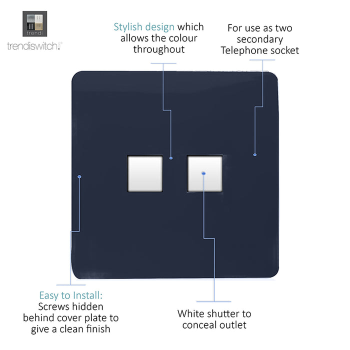 Trendi, Artistic Modern Twin PC Ethernet Cat 5&6 Data Outlet Navy Blue Finish, BRITISH MADE, (35mm Back Box Required), 5yrs Warranty • ART-2PCNV