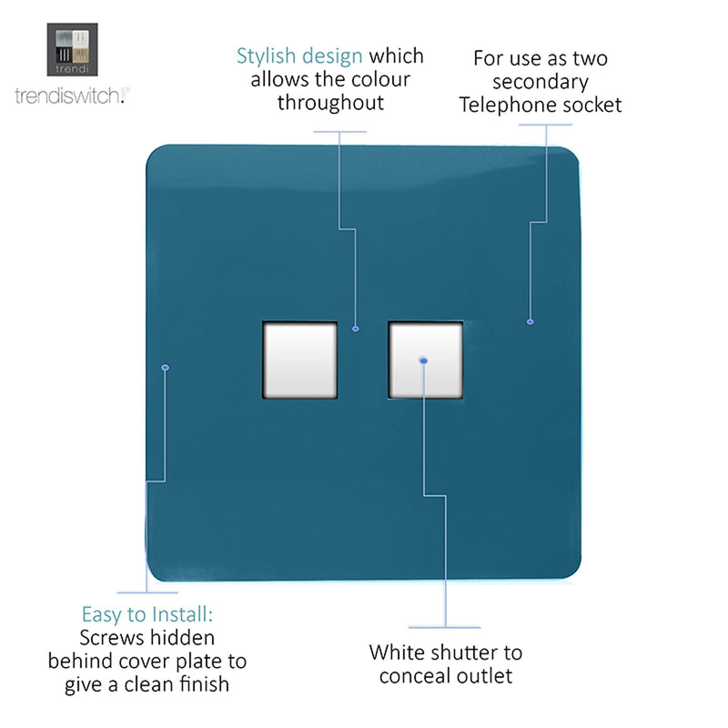 Trendi, Artistic Modern RJ11 Telephone & PC Ethernet Ocean Blue Finish, BRITISH MADE, (35mm Back Box Required), 5yrs Warranty • ART-TLP+PCOB