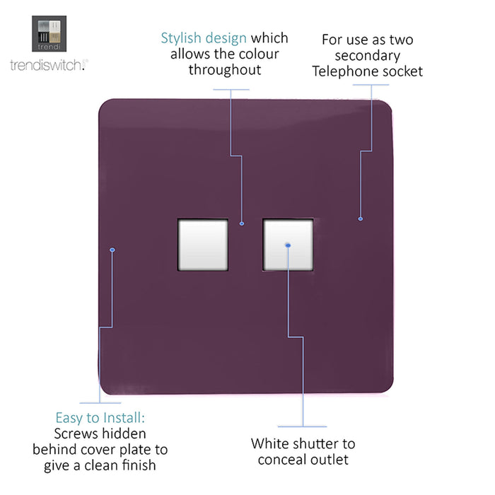 Trendi, Artistic Modern RJ11 Telephone & PC Ethernet Plum Finish, BRITISH MADE, (35mm Back Box Required), 5yrs Warranty • ART-TLP+PCPL