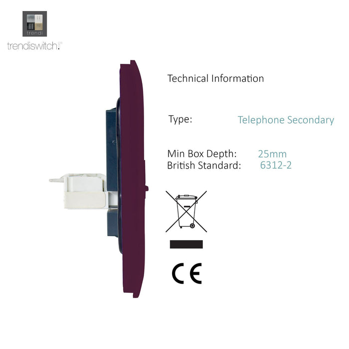 Trendi, Artistic Modern Twin RJ11 Telephone Plum Finish, BRITISH MADE, (35mm Back Box Required), 5yrs Warranty • ART-2TLPPL