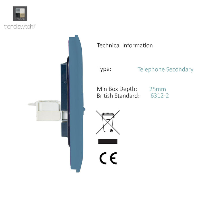 Trendi, Artistic Modern Twin RJ11 Telephone Sky Finish, BRITISH MADE, (35mm Back Box Required), 5yrs Warranty • ART-2TLPSK