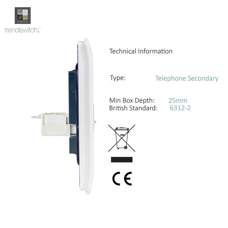 Trendi, Artistic Modern Twin RJ11 Telephone Gloss White Finish, BRITISH MADE, (35mm Back Box Required), 5yrs Warranty • ART-2TLPWH