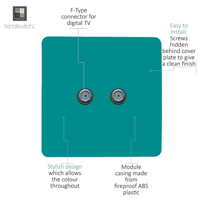 Trendi, Artistic Modern 2 Gang Male F-Type Satellite Television Socket Bright Teal, (25mm Back Box Required), 5yrs Warranty • ART-2SATBT