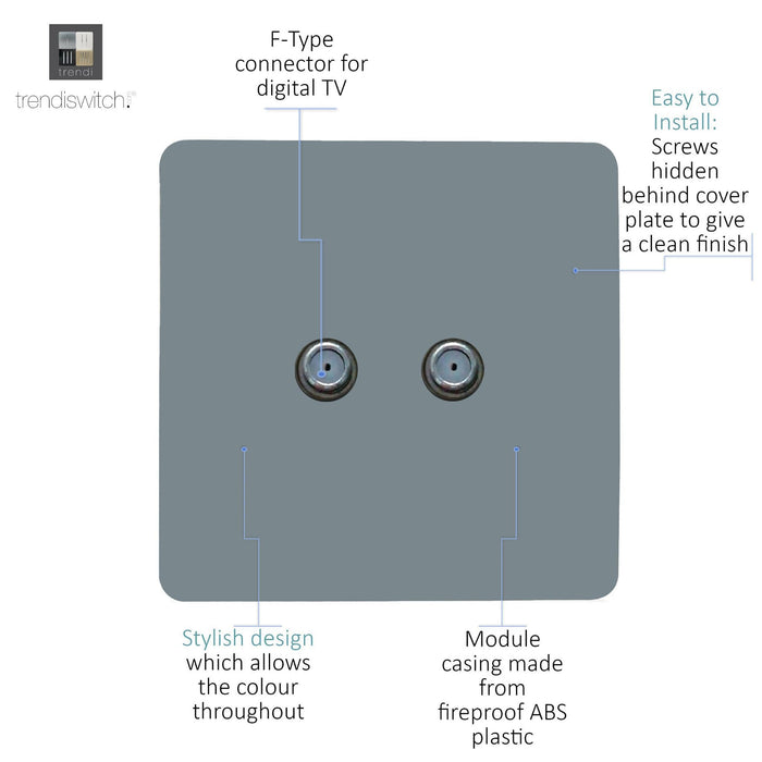 Trendi, Artistic Modern 2 Gang Male F-Type Satellite Television Socket Cool Grey, (25mm Back Box Required), 5yrs Warranty • ART-2SATCG