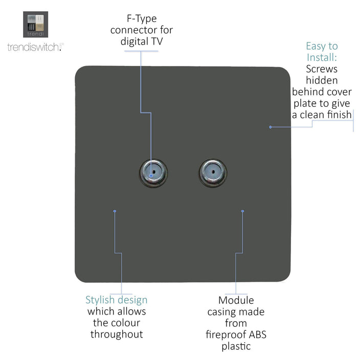 Trendi, Artistic Modern 2 Gang Male F-Type Satellite Television Socket Charcoal, (25mm Back Box Required), 5yrs Warranty • ART-2SATCH