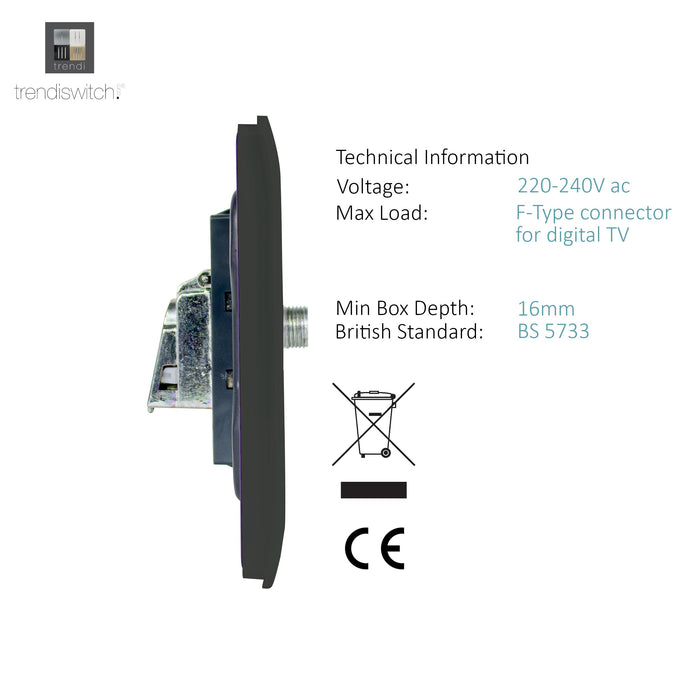 Trendi, Artistic Modern 2 Gang Male F-Type Satellite Television Socket Charcoal, (25mm Back Box Required), 5yrs Warranty • ART-2SATCH