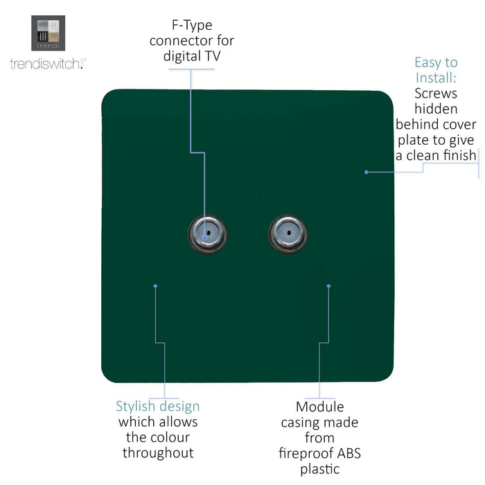 Trendi, Artistic Modern 2 Gang Male F-Type Satellite Television Socket Dark Green, (25mm Back Box Required), 5yrs Warranty • ART-2SATDG