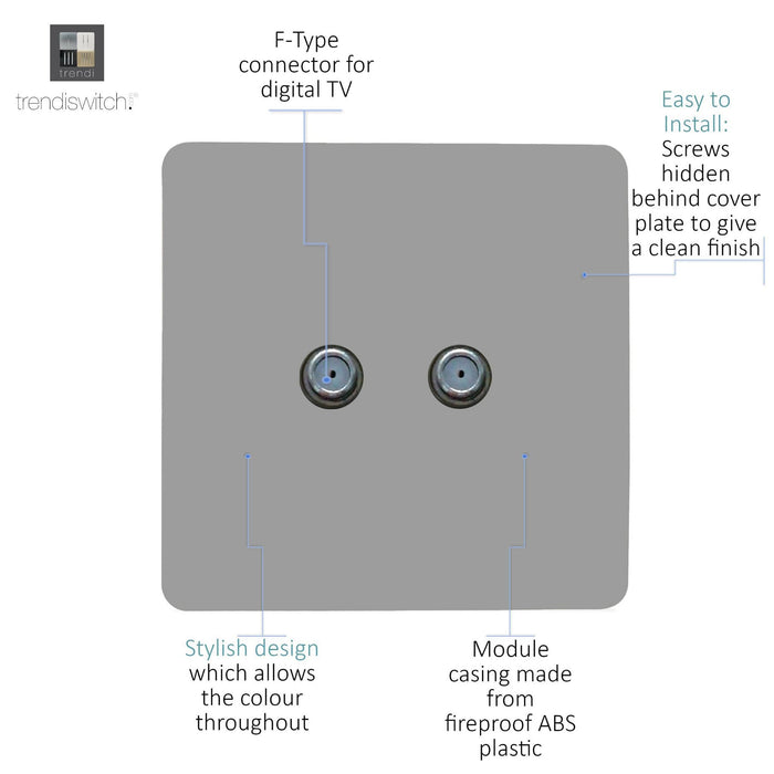 Trendi, Artistic Modern 2 Gang Male F-Type Satellite Television Socket Light Grey, (25mm Back Box Required), 5yrs Warranty • ART-2SATLG