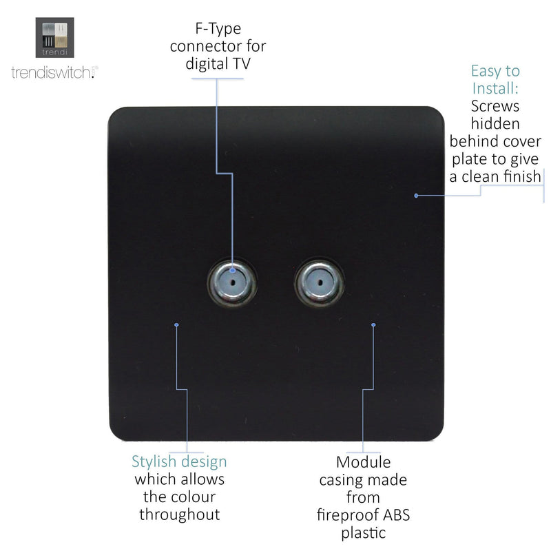 Trendi, Artistic Modern 2 Gang Male F-Type Satellite Television Socket Matt Black, (25mm Back Box Required), 5yrs Warranty • ART-2SATMBK