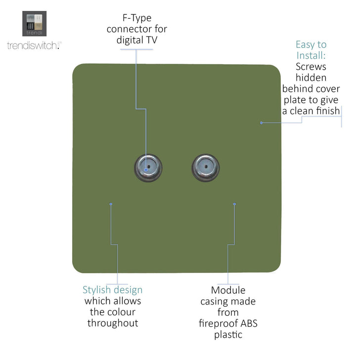 Trendi, Artistic Modern 2 Gang Male F-Type Satellite Television Socket Moss Green, (25mm Back Box Required), 5yrs Warranty • ART-2SATMG