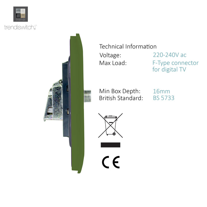 Trendi, Artistic Modern 2 Gang Male F-Type Satellite Television Socket Moss Green, (25mm Back Box Required), 5yrs Warranty • ART-2SATMG