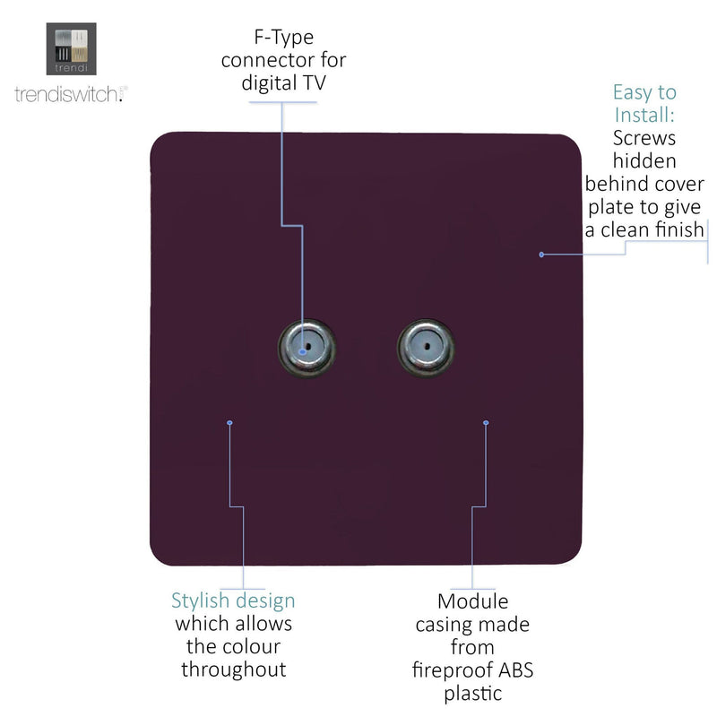 Trendi, Artistic Modern 2 Gang Male F-Type Satellite Television Socket Plum, (25mm Back Box Required), 5yrs Warranty • ART-2SATPL