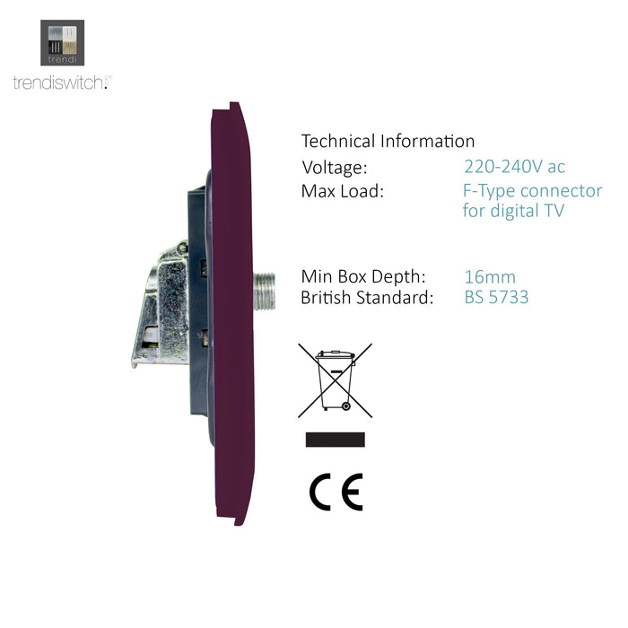 Trendi, Artistic Modern 2 Gang Male F-Type Satellite Television Socket Plum, (25mm Back Box Required), 5yrs Warranty • ART-2SATPL