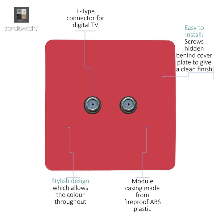 Trendi, Artistic Modern 2 Gang Male F-Type Satellite Television Socket Strawberry, (25mm Back Box Required), 5yrs Warranty • ART-2SATSB