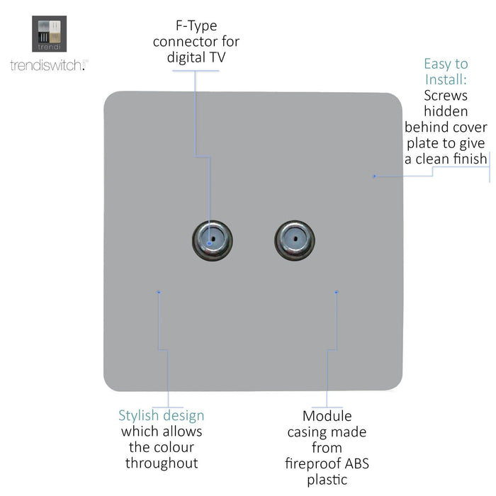 Trendi, Artistic Modern 2 Gang Male F-Type Satellite Television Socket Platinum Silver, (25mm Back Box Required), 5yrs Warranty • ART-2SATSI