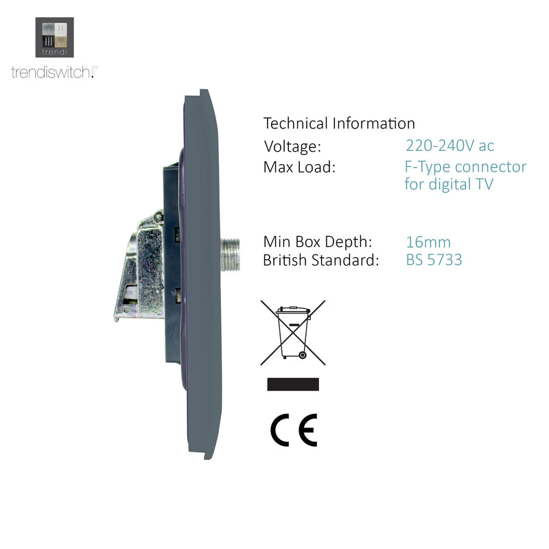 Trendi, Artistic Modern 2 Gang Male F-Type Satellite Television Socket Warm Grey, (25mm Back Box Required), 5yrs Warranty • ART-2SATWG