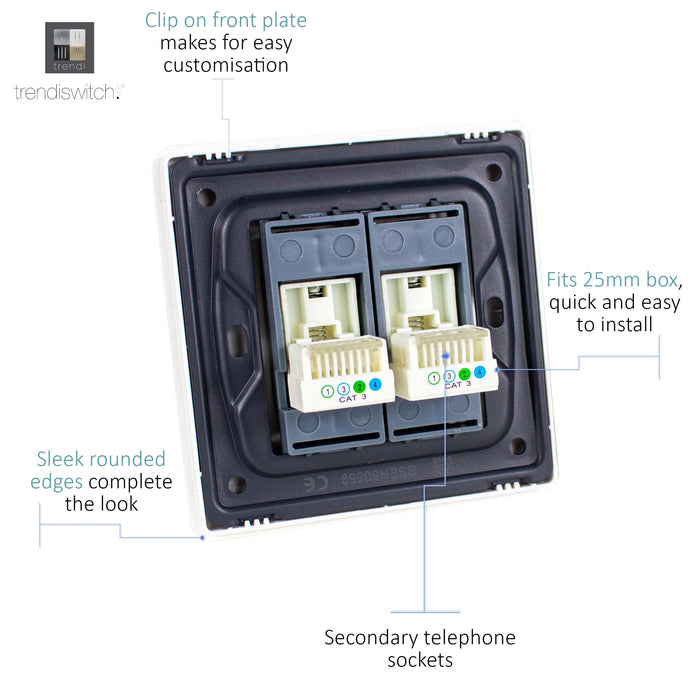 Trendi, Artistic Modern Twin RJ11 Telephone Sky Finish, BRITISH MADE, (35mm Back Box Required), 5yrs Warranty • ART-2TLPSK