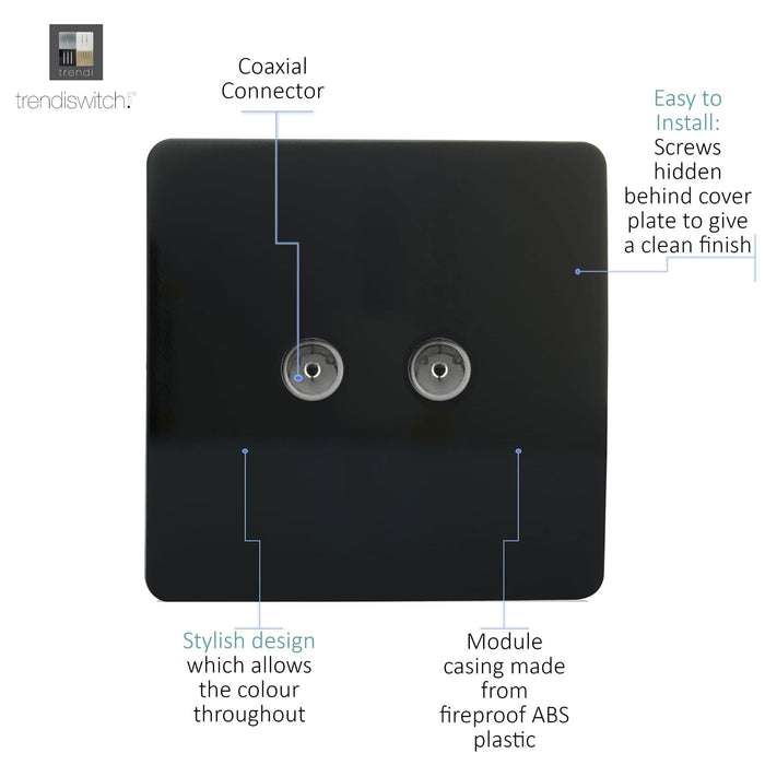 Trendi, Artistic Modern Twin TV Co-Axial Outlet Gloss Black Finish, BRITISH MADE, (25mm Back Box Required), 5yrs Warranty • ART-2TVSBK