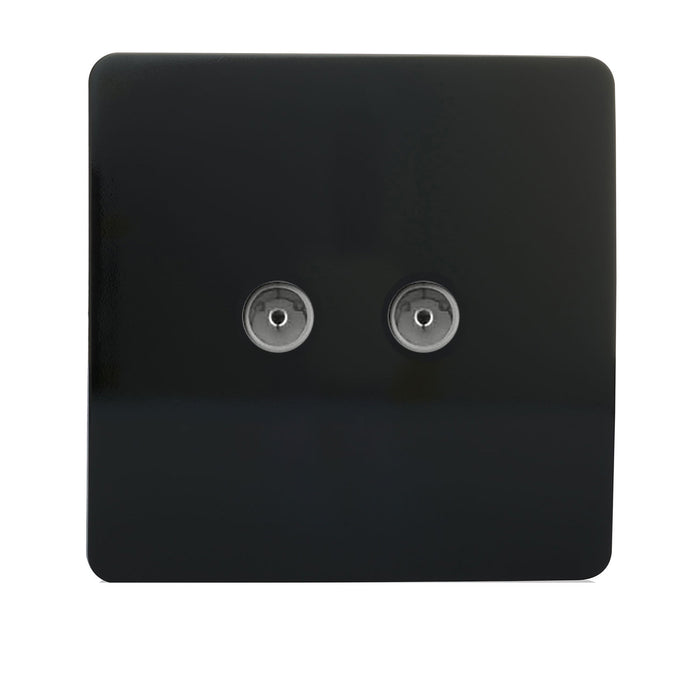 Trendi, Artistic Modern Twin TV Co-Axial Outlet Gloss Black Finish, BRITISH MADE, (25mm Back Box Required), 5yrs Warranty • ART-2TVSBK