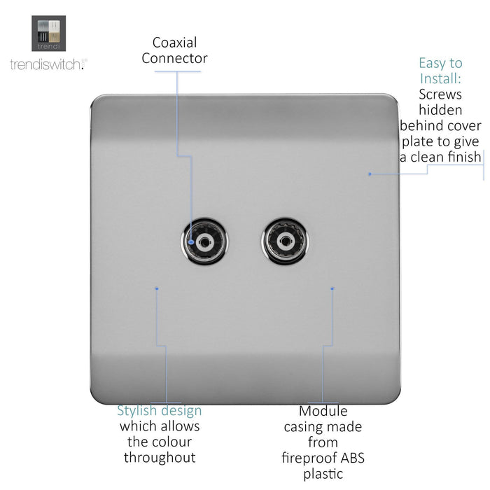 Trendi, Artistic Modern Twin TV Co-Axial Outlet Brushed Steel Finish, BRITISH MADE, (25mm Back Box Required), 5yrs Warranty • ART-2TVSBS