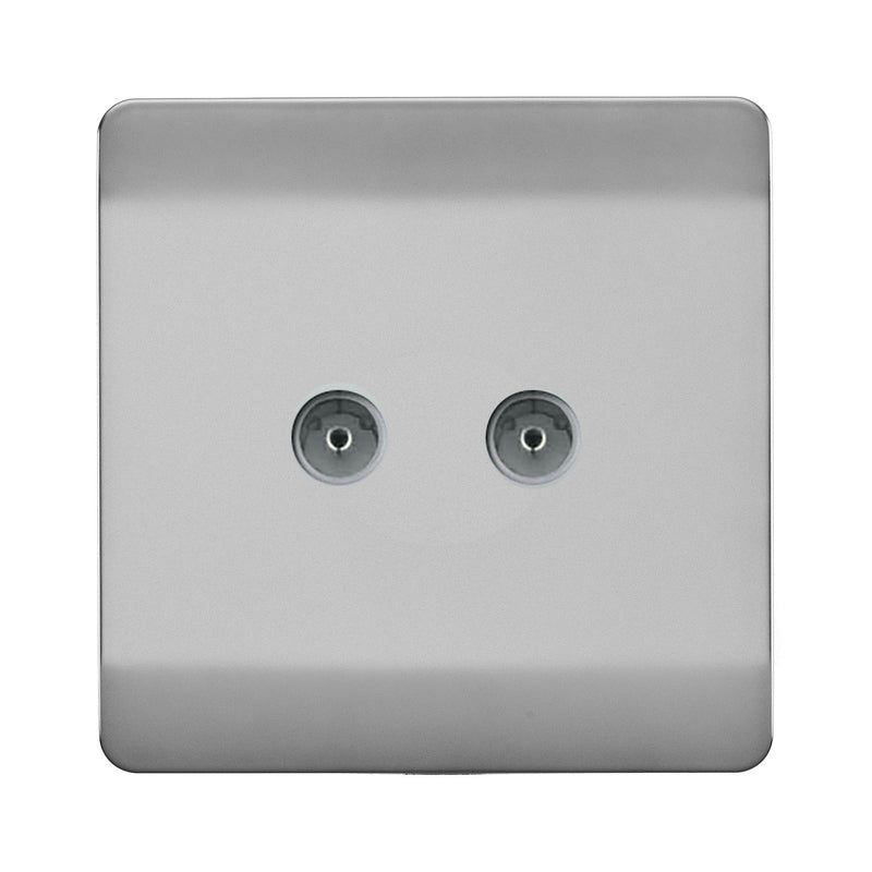 Trendi, Artistic Modern Twin TV Co-Axial Outlet Brushed Steel Finish, BRITISH MADE, (25mm Back Box Required), 5yrs Warranty • ART-2TVSBS