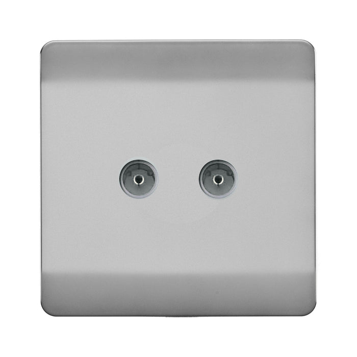 Trendi, Artistic Modern Twin TV Co-Axial Outlet Brushed Steel Finish, BRITISH MADE, (25mm Back Box Required), 5yrs Warranty • ART-2TVSBS