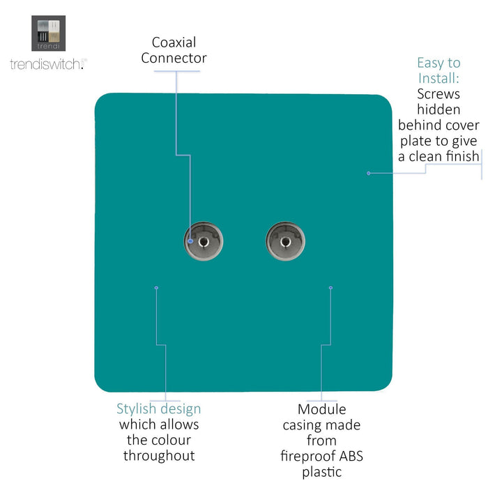 Trendi, Artistic Modern Twin TV Co-Axial Outlet Bright Teal Finish, BRITISH MADE, (25mm Back Box Required), 5yrs Warranty • ART-2TVSBT