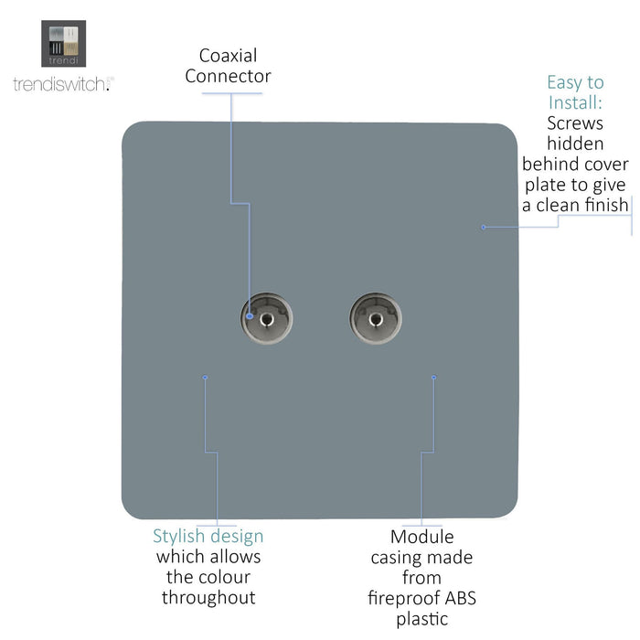 Trendi, Artistic Modern Twin TV Co-Axial Outlet Cool Grey Finish, BRITISH MADE, (25mm Back Box Required), 5yrs Warranty • ART-2TVSCG