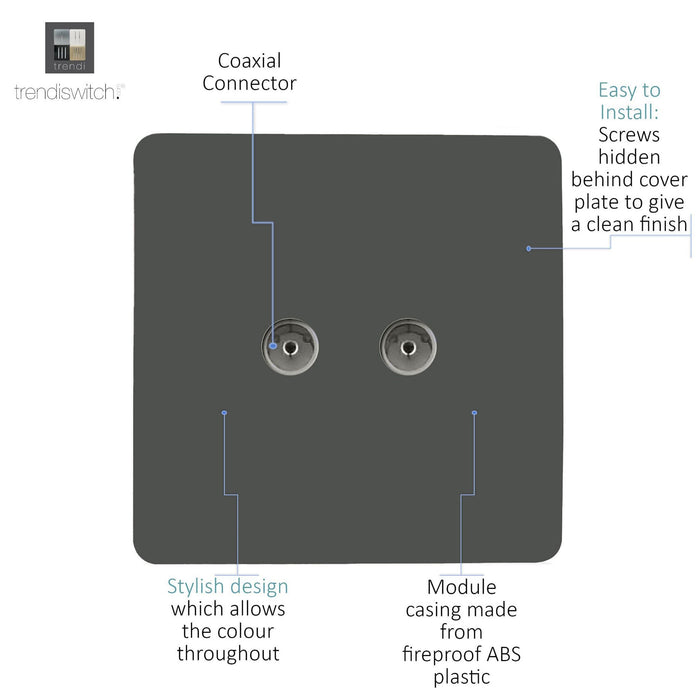 Trendi, Artistic Modern Twin TV Co-Axial Outlet Charcoal Finish, BRITISH MADE, (25mm Back Box Required), 5yrs Warranty • ART-2TVSCH