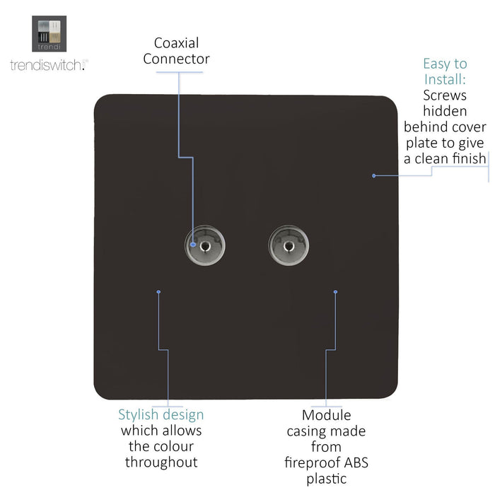 Trendi, Artistic Modern Twin TV Co-Axial Outlet Dark Brown Finish, BRITISH MADE, (25mm Back Box Required), 5yrs Warranty • ART-2TVSDB