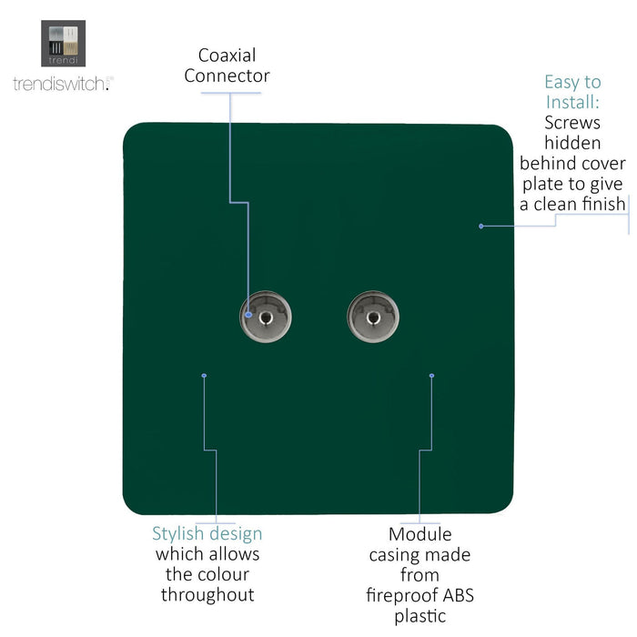 Trendi, Artistic Modern Twin TV Co-Axial Outlet Dark Green Finish, BRITISH MADE, (25mm Back Box Required), 5yrs Warranty • ART-2TVSDG