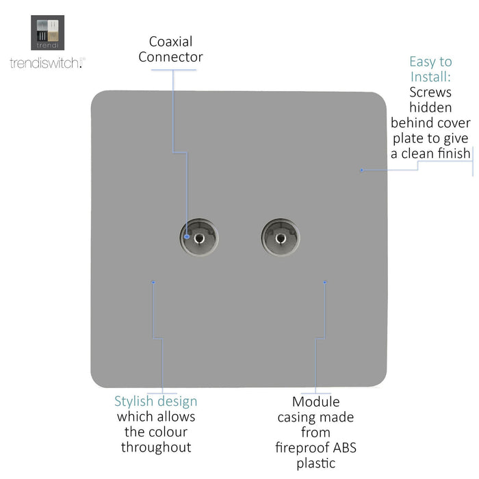 Trendi, Artistic Modern Twin TV Co-Axial Outlet Light Grey Finish, BRITISH MADE, (25mm Back Box Required), 5yrs Warranty • ART-2TVSLG