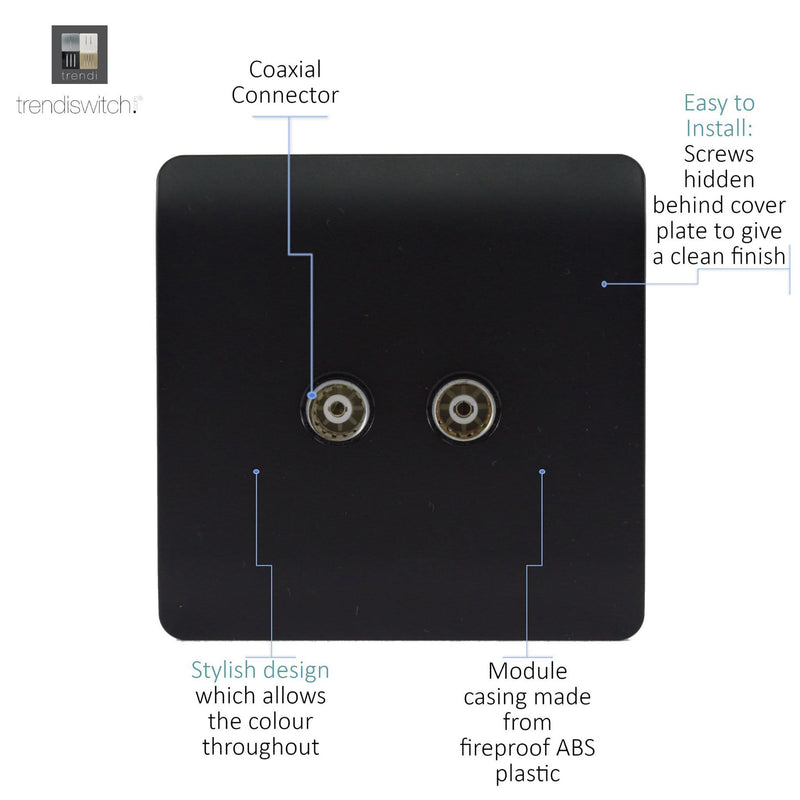 Trendi, Artistic Modern Twin TV Co-Axial Outlet Matt Black Finish, BRITISH MADE, (25mm Back Box Required), 5yrs Warranty • ART-2TVSMBK
