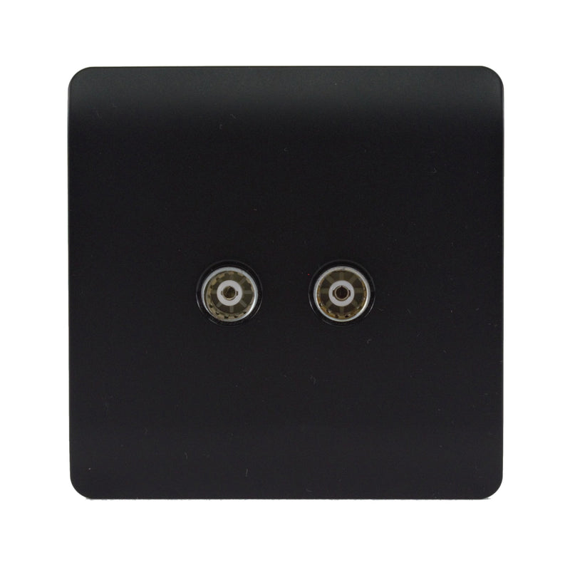 Trendi, Artistic Modern Twin TV Co-Axial Outlet Matt Black Finish, BRITISH MADE, (25mm Back Box Required), 5yrs Warranty • ART-2TVSMBK