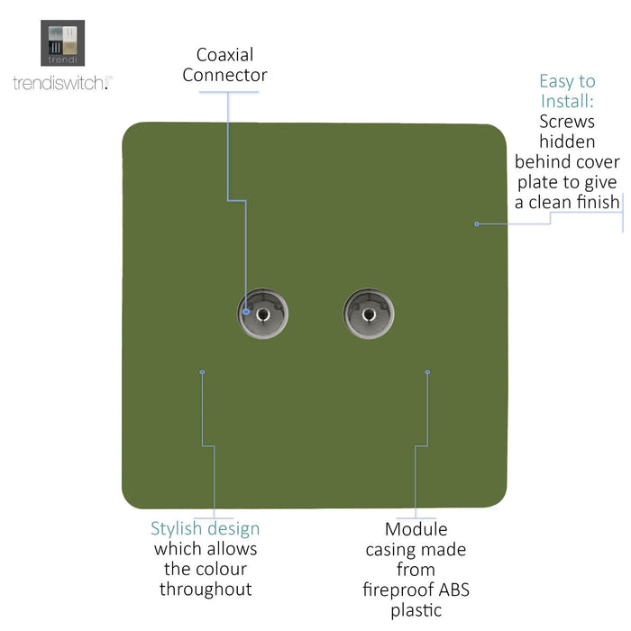 Trendi, Artistic Modern Twin TV Co-Axial Outlet Moss Green Finish, BRITISH MADE, (25mm Back Box Required), 5yrs Warranty • ART-2TVSMG