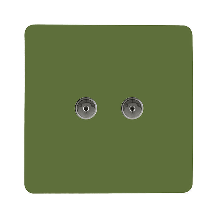 Trendi, Artistic Modern Twin TV Co-Axial Outlet Moss Green Finish, BRITISH MADE, (25mm Back Box Required), 5yrs Warranty • ART-2TVSMG