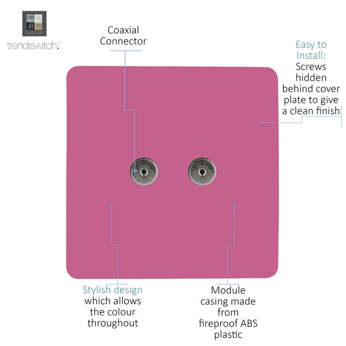 Trendi, Artistic Modern Twin TV Co-Axial Outlet Pink Finish, BRITISH MADE, (25mm Back Box Required), 5yrs Warranty • ART-2TVSPK