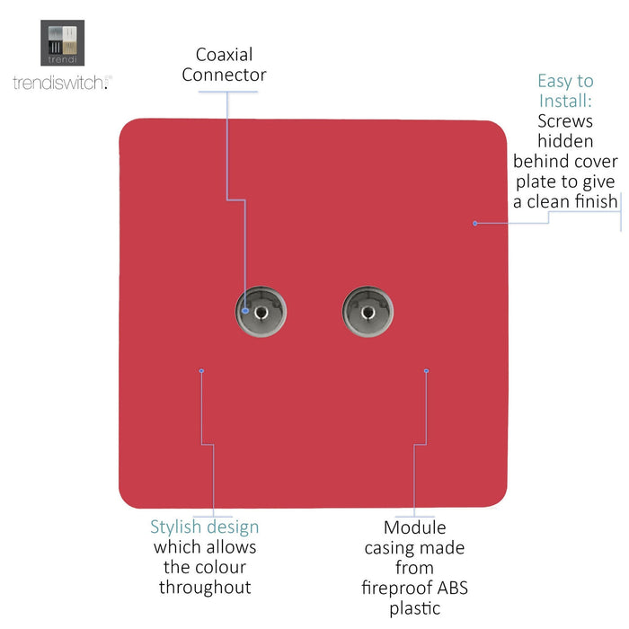 Trendi, Artistic Modern Twin TV Co-Axial Outlet Strawberry Finish, BRITISH MADE, (25mm Back Box Required), 5yrs Warranty • ART-2TVSSB