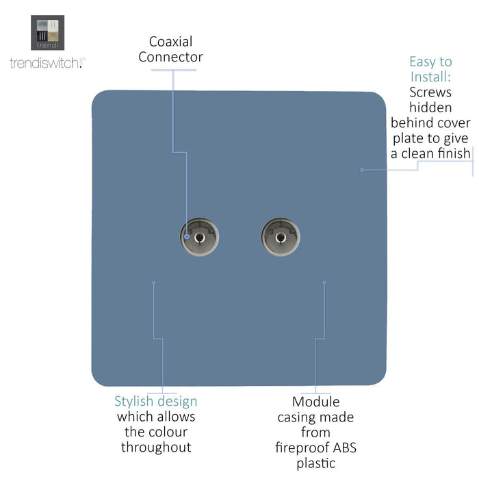 Trendi, Artistic Modern Twin TV Co-Axial Outlet Sky Finish, BRITISH MADE, (25mm Back Box Required), 5yrs Warranty • ART-2TVSSK