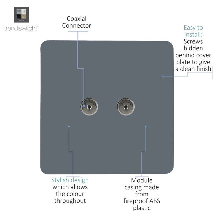 Trendi, Artistic Modern Twin TV Co-Axial Outlet Warm Grey Finish, BRITISH MADE, (25mm Back Box Required), 5yrs Warranty • ART-2TVSWG