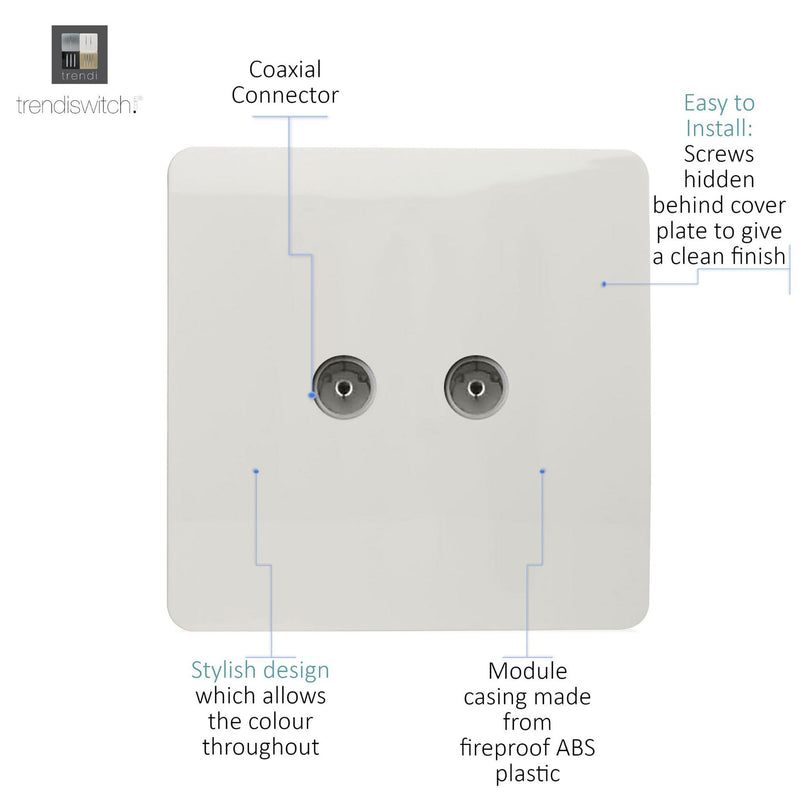 Trendi, Artistic Modern Twin TV Co-Axial Outlet Gloss White Finish, BRITISH MADE, (25mm Back Box Required), 5yrs Warranty • ART-2TVSWH