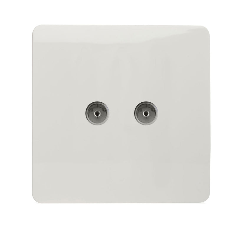 Trendi, Artistic Modern Twin TV Co-Axial Outlet Gloss White Finish, BRITISH MADE, (25mm Back Box Required), 5yrs Warranty • ART-2TVSWH