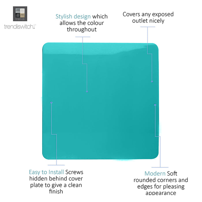 Trendi, Artistic Modern 1 Gang Blanking Plate Bright Teal Finish, BRITISH MADE, (25mm Back Box Required), 5yrs Warranty • ART-BLKBT