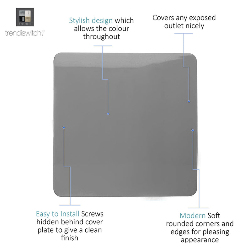 Trendi, Artistic Modern 1 Gang Blanking Plate Light Grey Finish, BRITISH MADE, (25mm Back Box Required), 5yrs Warranty • ART-BLKLG