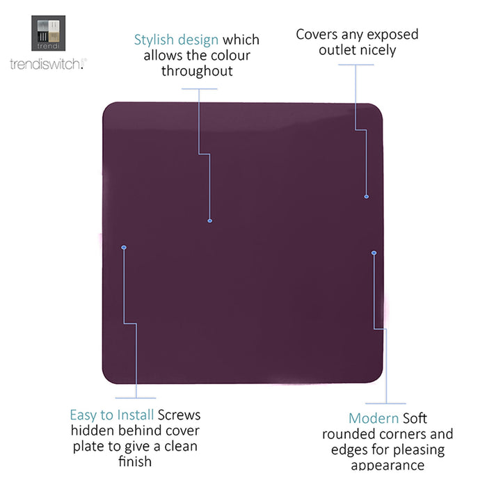 Trendi, Artistic Modern 1 Gang Blanking Plate Plum Finish, BRITISH MADE, (25mm Back Box Required), 5yrs Warranty • ART-BLKPL