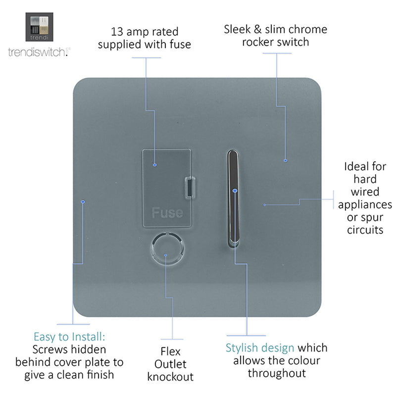Trendi, Artistic Modern Switch Fused Spur 13A With Flex Outlet Cool Grey Finish, BRITISH MADE, (35mm Back Box Required), 5yrs Warranty • ART-FSCG