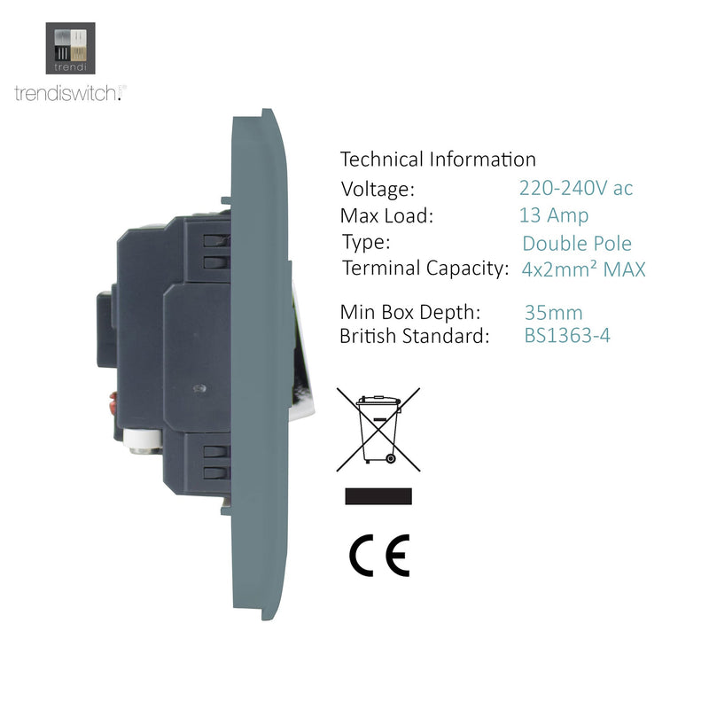 Trendi, Artistic Modern Switch Fused Spur 13A With Flex Outlet Cool Grey Finish, BRITISH MADE, (35mm Back Box Required), 5yrs Warranty • ART-FSCG