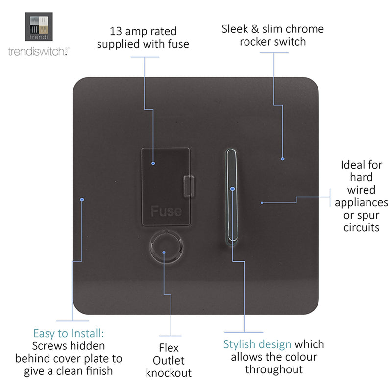 Trendi, Artistic Modern Switch Fused Spur 13A With Flex Outlet Dark Brown Finish, BRITISH MADE, (35mm Back Box Required), 5yrs Warranty • ART-FSDB