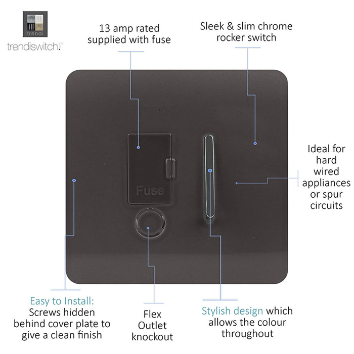 Trendi, Artistic Modern Switch Fused Spur 13A With Flex Outlet Dark Brown Finish, BRITISH MADE, (35mm Back Box Required), 5yrs Warranty • ART-FSDB