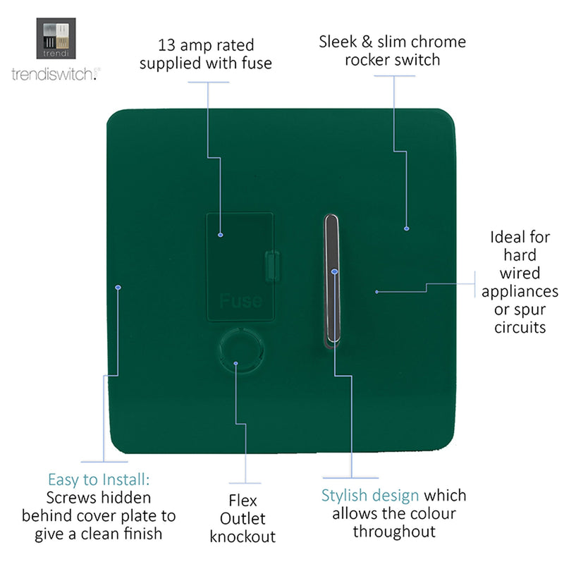 Trendi, Artistic Modern Switch Fused Spur 13A With Flex Outlet Dark Green Finish, BRITISH MADE, (35mm Back Box Required), 5yrs Warranty • ART-FSDG